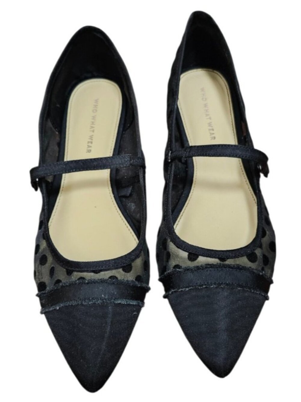 Who What Wear Black Pointed Mary Jane Flats with Sheer Polka Dot Panels - Picture 2 of 11